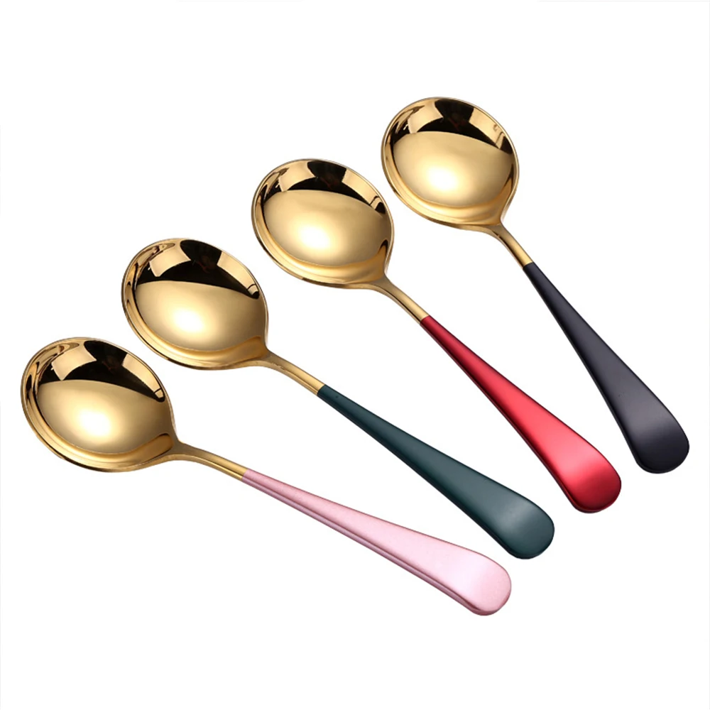 Hot Selling Colorful Handle Round Spoon Stainless Steel Round Head Soup Spoon Modern 304 Stainless Steel Spoons for Soup