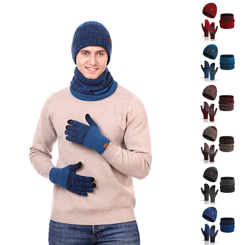 Hot Selling 3 Piece Beanie Set Winter Fashion Warm Ski Sport Beanie Hat Custom Logo Plain Voguish Acrylic Mitten Scarf Set Thick