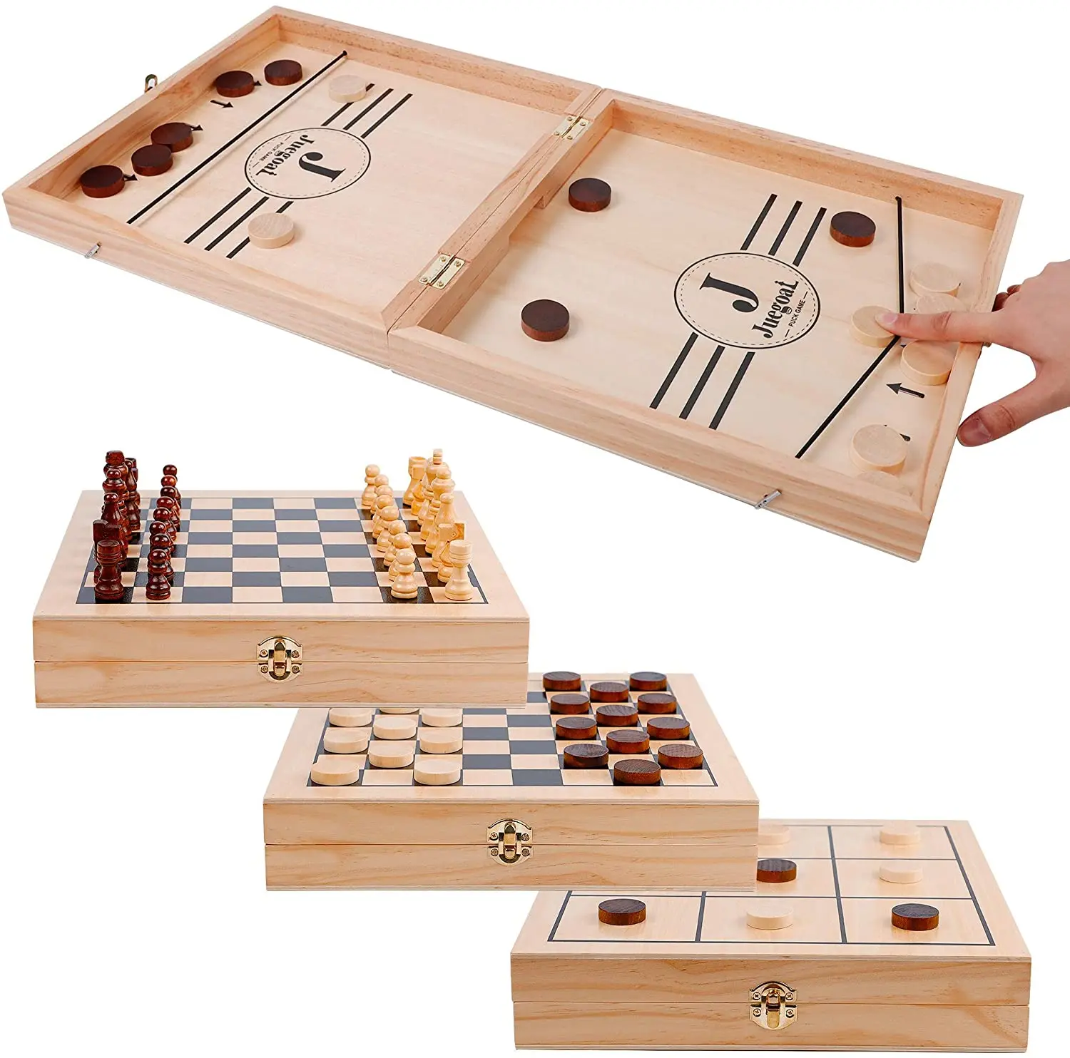 4-in-1 Wooden Fast Sling Puck Set Chess Checkers Tic Tac Toe Games  Folding Tabletop Chess Board Game Sets