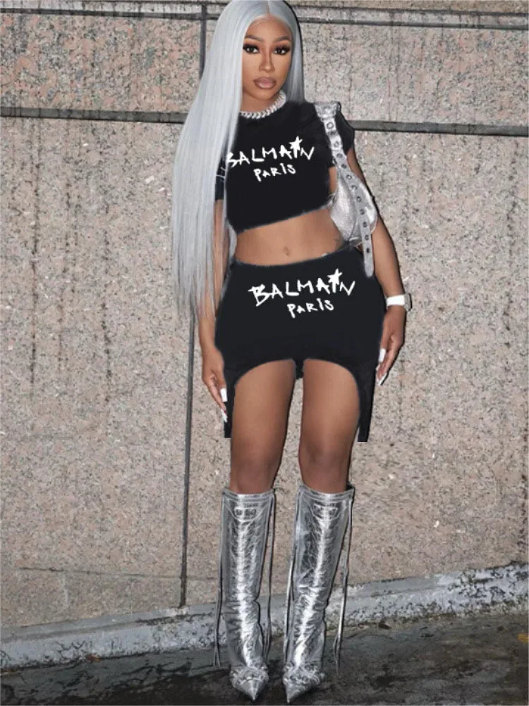 Y2K Designer Clothes Letter Print Outfits 2 Piece Mini Skirt And Crop Top Set For Women Casual Elegant Women Two Piece Set