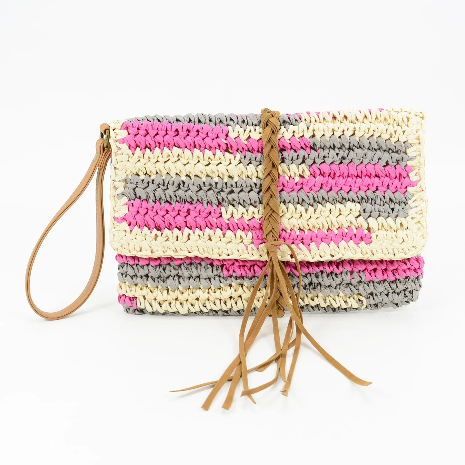 Colorful Straw Clutch Handmade Crocheted Raffia Bag