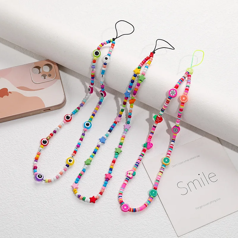 Оптовая продажа, ручной работы, разноцветный смайлик, фруктовая звезда, полимерная глина, вышитый бисером, ремешок для телефона, ремешок на запястье, браслет для мобильного телефона
