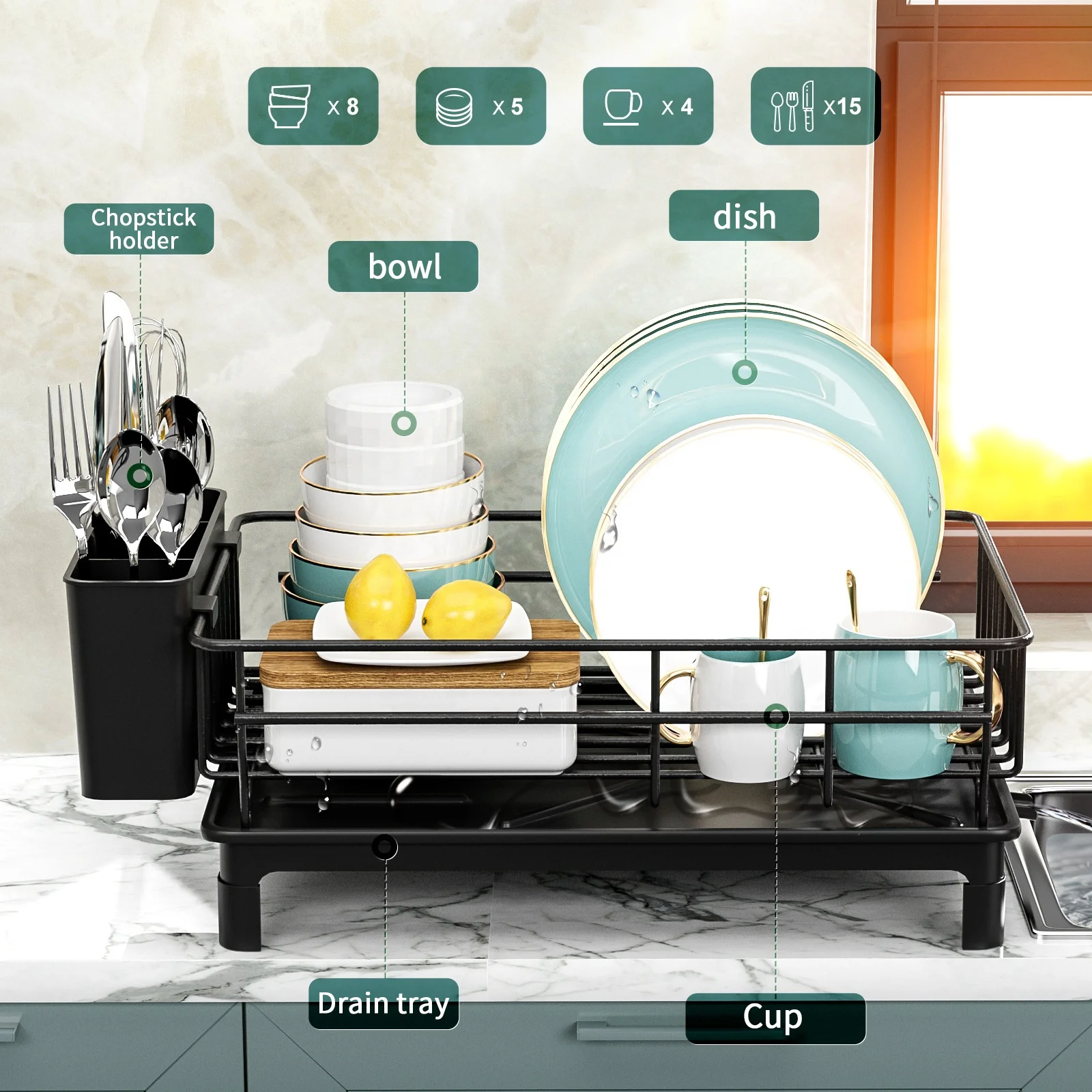 Compact and portable dish rack with cutlery storage, drain and non-slip base for small kitchens