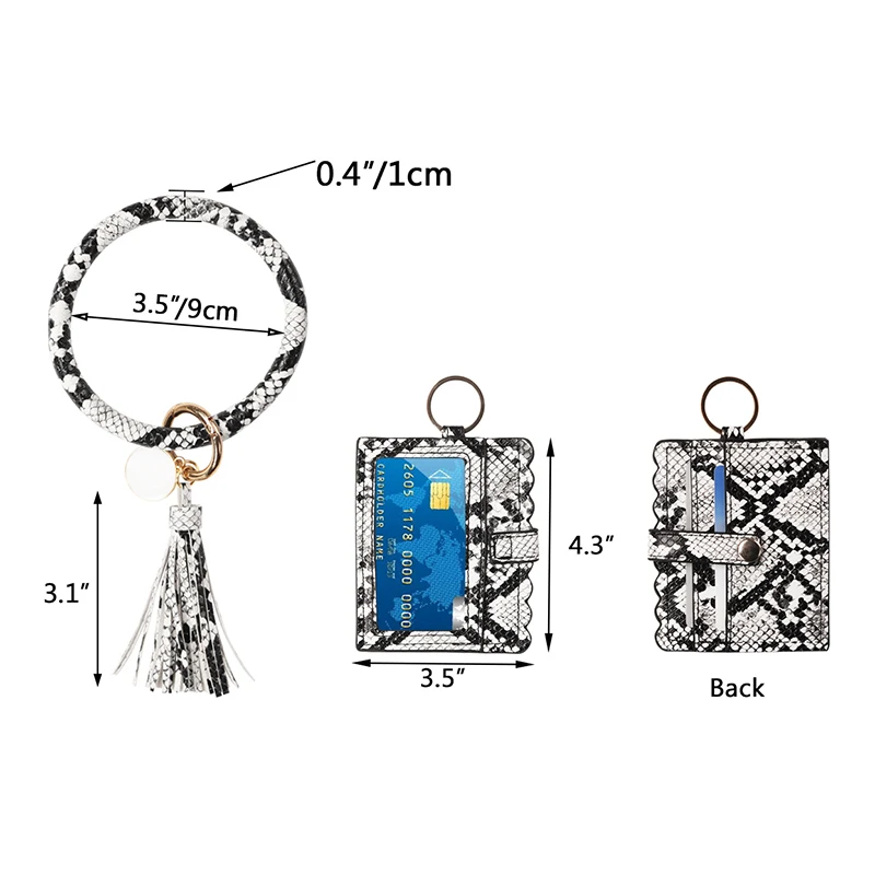 Snakeskin Bangle Key Ring Wallet Women Serape Leopard Tassel Wristlet Bracelet Keychain ID Card Holder
