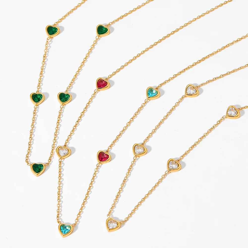 Colorful Heart CZ Crystal Charm Necklace for Women Dainty Gold Stainless Steel Necklace