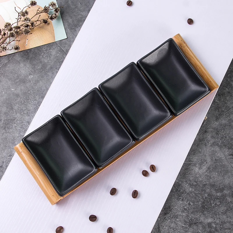 Japanese Style Tiktok Matte Black Rectangle Small Snack Dish Porcelain Sushi Plate Ceramic Black With Bamboo Tray