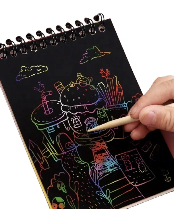 Scratch Arts Drawing Notebook Sketch Books for Kids Cartoon Art Supplies Large Rainbow Scratch Paper Note with Bamboo Sticks