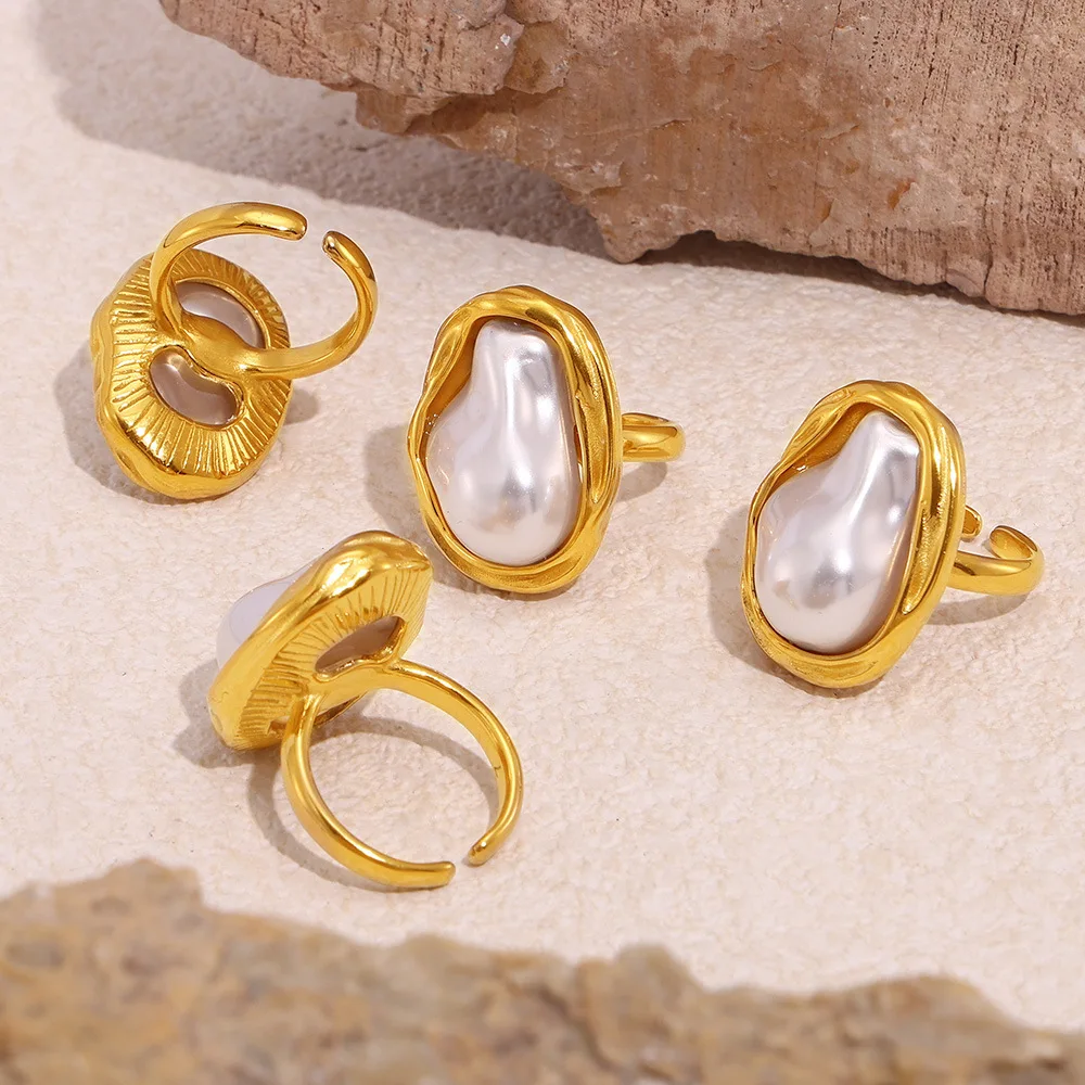Carline fashion Alien imitation pearl high-quality Stainless Steel Women Gold Ring wholesale