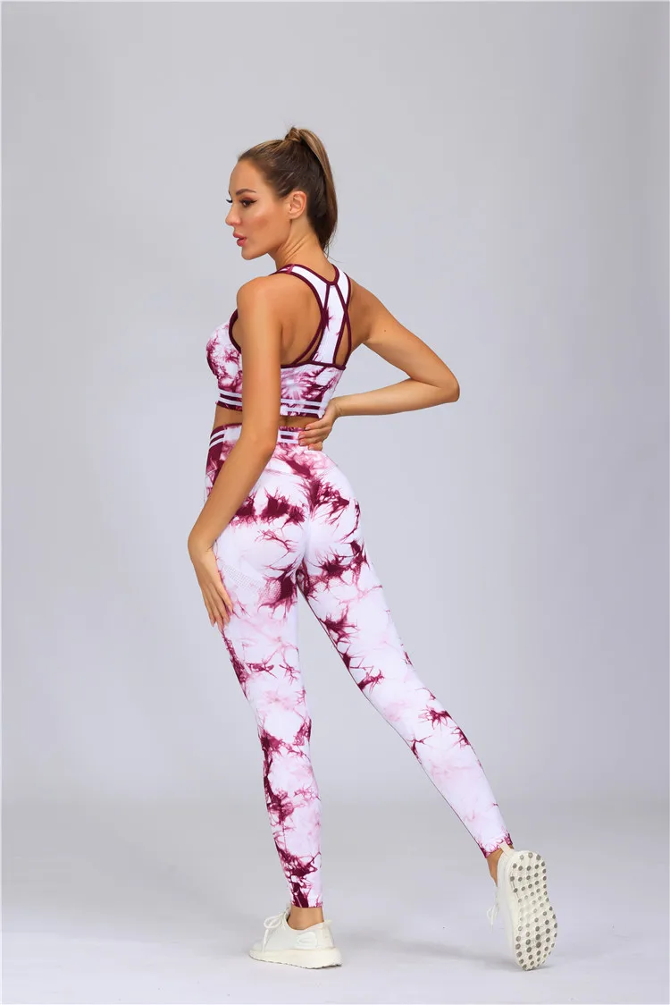 Knitted Fashion Slim High Quality Suit Wear Spandex/Nylon Tie Dye American Sport Bra Top Fitness Stripe Yoga Sets