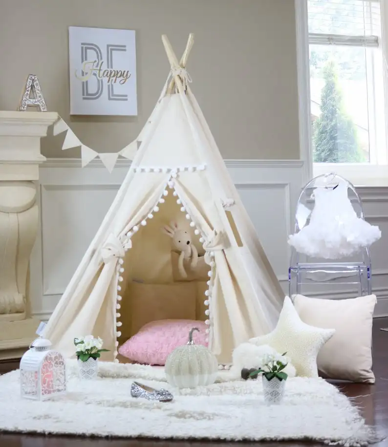 
Kids Teepee Tent - Kids Play Painting Tent for boys & girls indoor/outdoor with 4 Wooden Poles & Carry Bag, Beige Canvas 