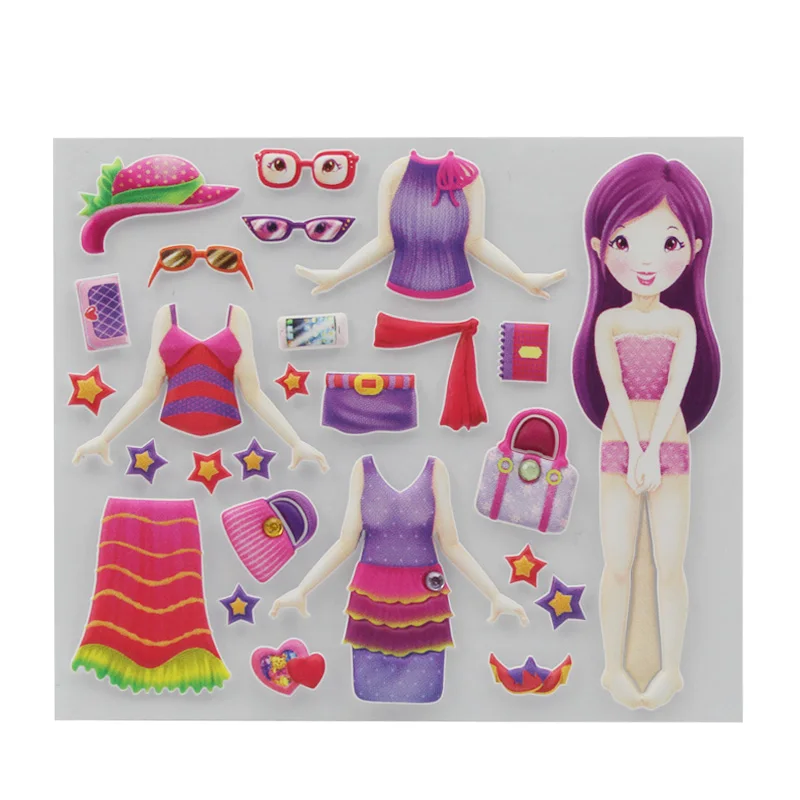 Custom Beautiful Girls Princess Dress 3D Cartoon Clothing Puffy Adhesive Sticker for Kids