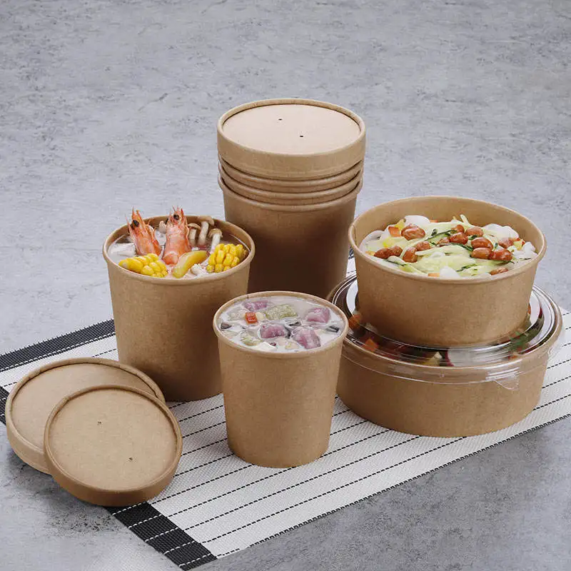 Custom Printed 750ml Biodegradable  Kraft Hot Food Paper Bowl Container Takeaway Disposable 250ml Paper Soup Cup With Lid