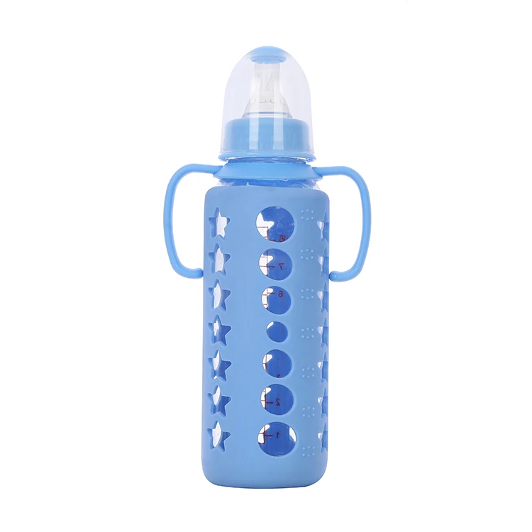 2021 new arrival baby milk bottle 240 ml  glass baby feeding bottle with silicone cover