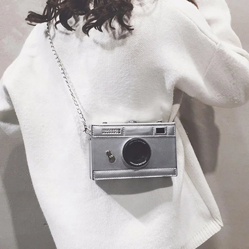 Fashion Personality Camera Removable Silver Chain Strap Zipper Mirror Leather Sling Mini Messenger Cross Body Clutch Bags