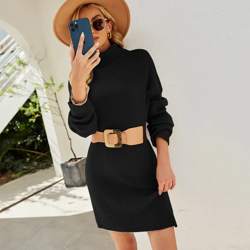 ZC00606 2021 Fashion Lady Striped Sexy Turtleneck Sweater Dress Without Belt Slim Fit Women Lady Elegant Bodycon Casual Dresses