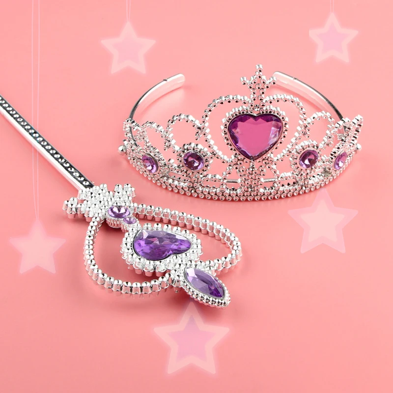 Cheap New Arrival Fairy Princess Costumes Baby Girls Birthday Party Supplies Plastic Crown Magic Wand Elsa Crown Tiara Wand Set