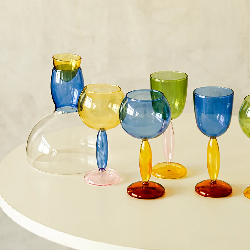 Handmade Colored Glass Whisky Wine Cup High Foot Juice Milk Dessert Brandy Water Glasses Decanter Home Bar Restaurant Drinkware