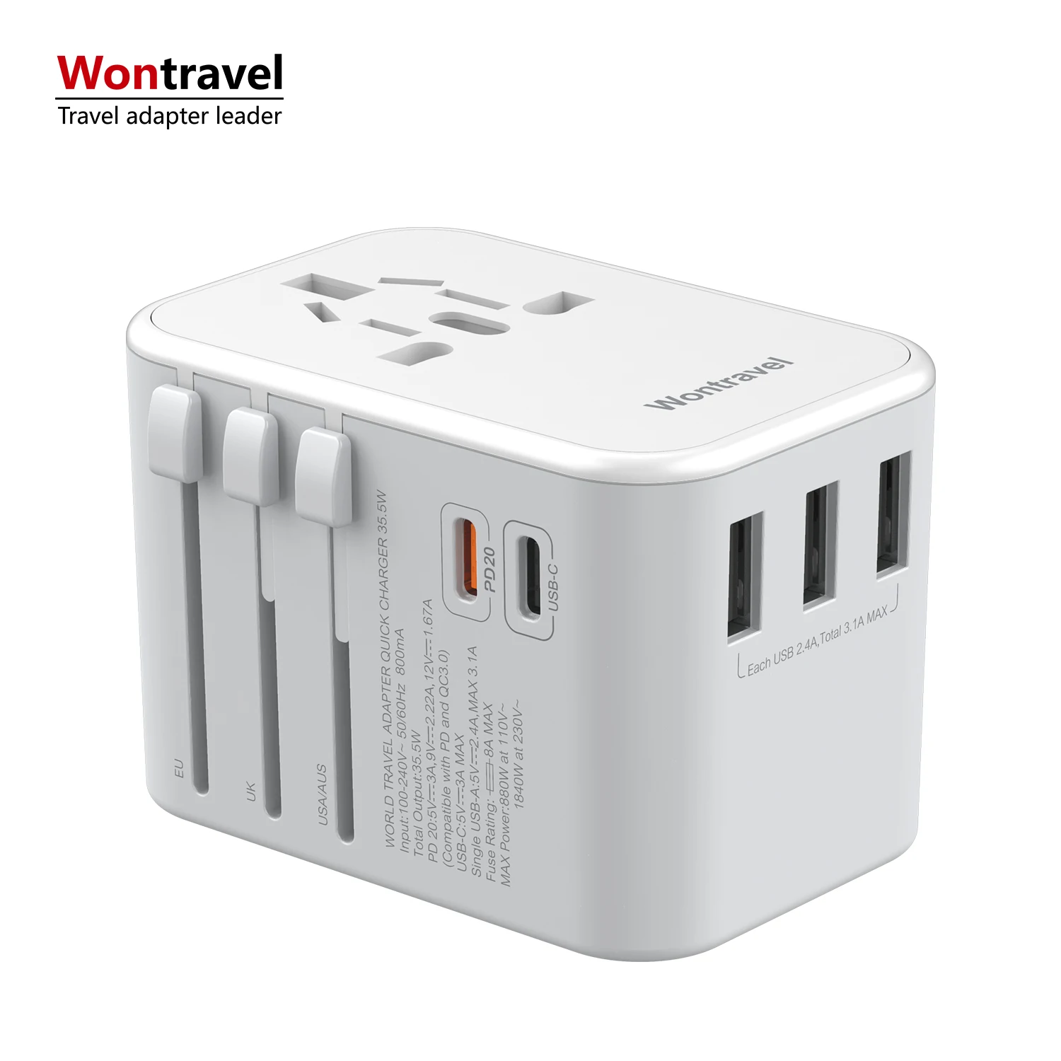 PD Quick Charger Output Travel Adapter Universal Multi Travel Adaptor with 3 USB