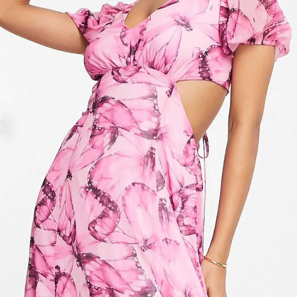 Fashion Trend Hot Selling Clothing Convertible Look Cherry Butterfly Pattern Dress Feminine Vacation Beach girls sexy print