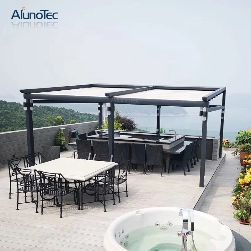 Modern Sun Shade Motorized Awning PVC  Pergola  Aluminum Retractable Awnings with LED Light