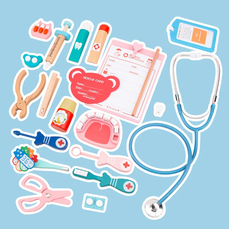 Montessori Educational Wooden Toys Set Children Pretend Play Nurse and Doctor Toy with Simulation Medicine Box Wood Material