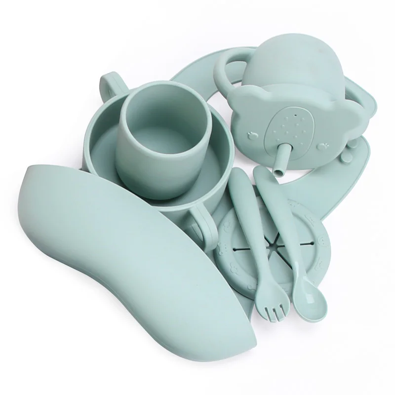 Wholesale Food Grade Silicone Children Kids Tableware Feeding Set Silicone Baby Spoon Bib Plate Bowl