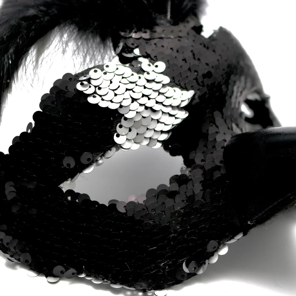 Halloween Scary Fluffy Feather Mask Parade Masquerade Flip Sequins Black and Silver Crow Raven Feather Mask