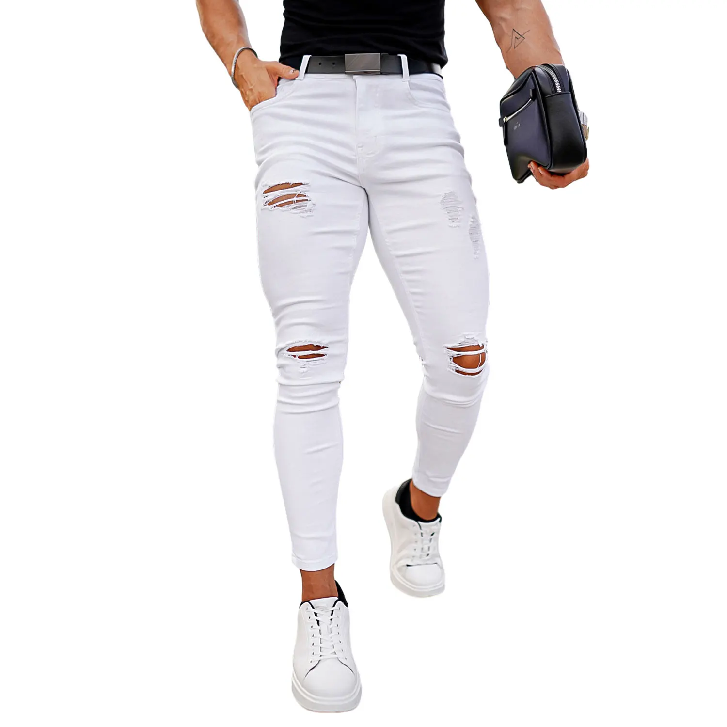 Gingtto Usa Warehouse White Denim Ripped Jeans Pants Stretch Skinny Jeans Men