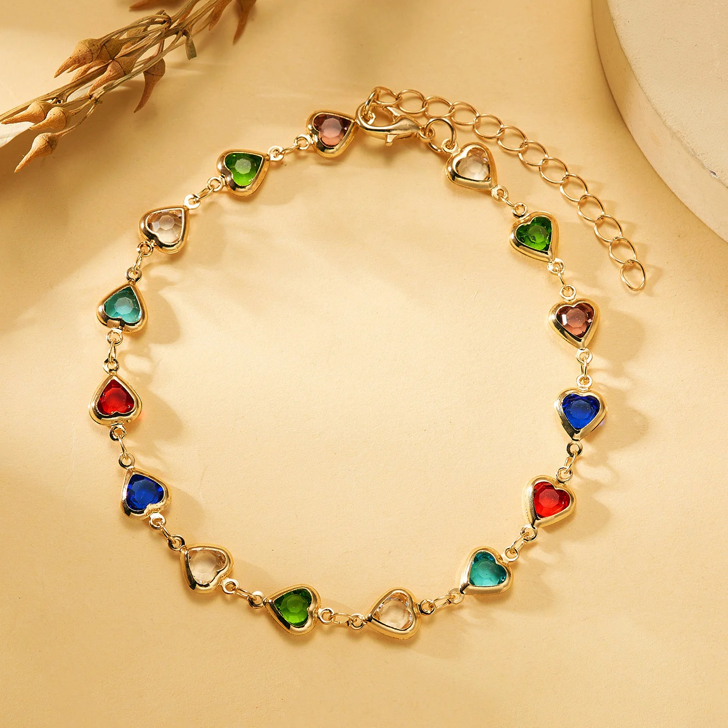 Fashion Sweet Candy Color Glass Rhinestone Beads Silver Gold Metal Chain Heart Pendant Bracelet
