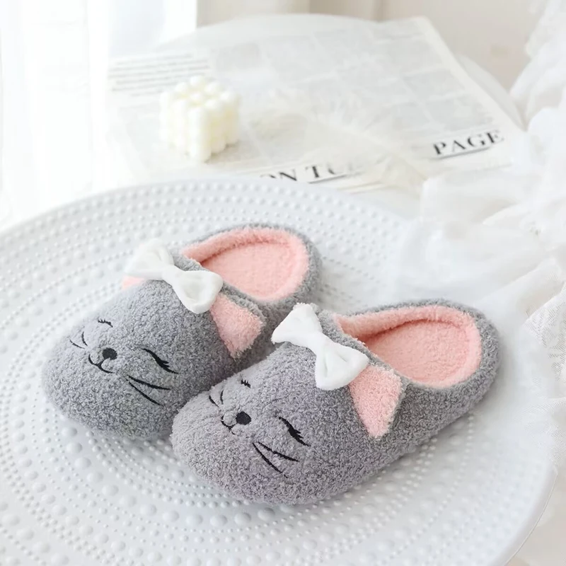 Winter Hot Cat Face Animal Children Indoor Shoe Fluffy Plush Fur Home Slipper