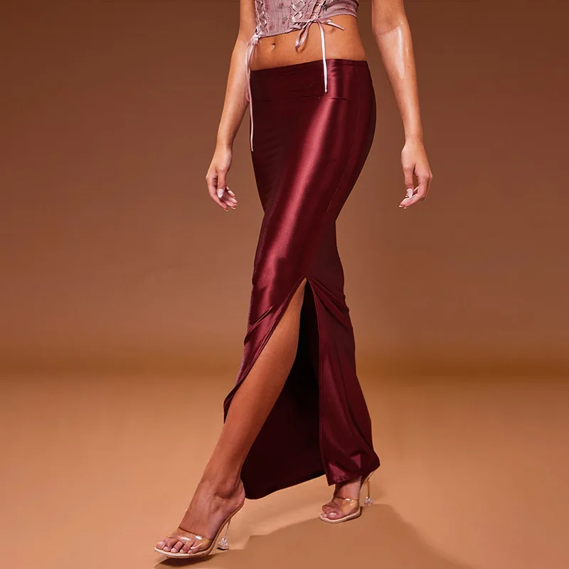 Spot New Products Elegant Casual Satin Maxi Ankle Length Women Slit Skirt