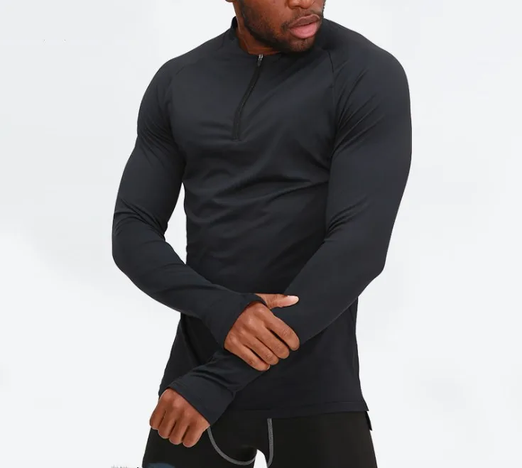 Breathable Quick Dry Training Sportswear Gym Tight-Fitting High Elastane Stretch Workout Half Zipper Long Sleeve T Shirt For Man
