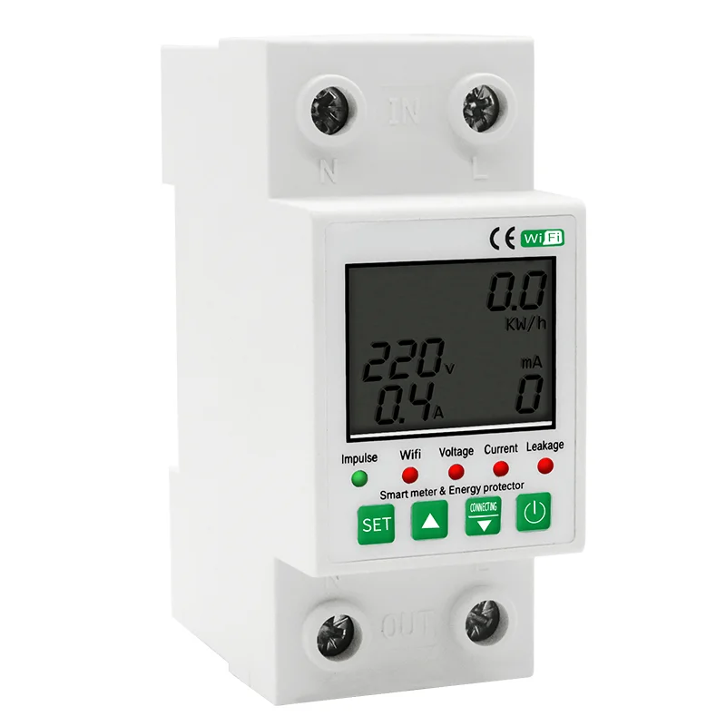 TUYA APP 2P 63A WiFi Smart Circuit Earth Leakage Over Under Voltage Protector Energy Power Meter