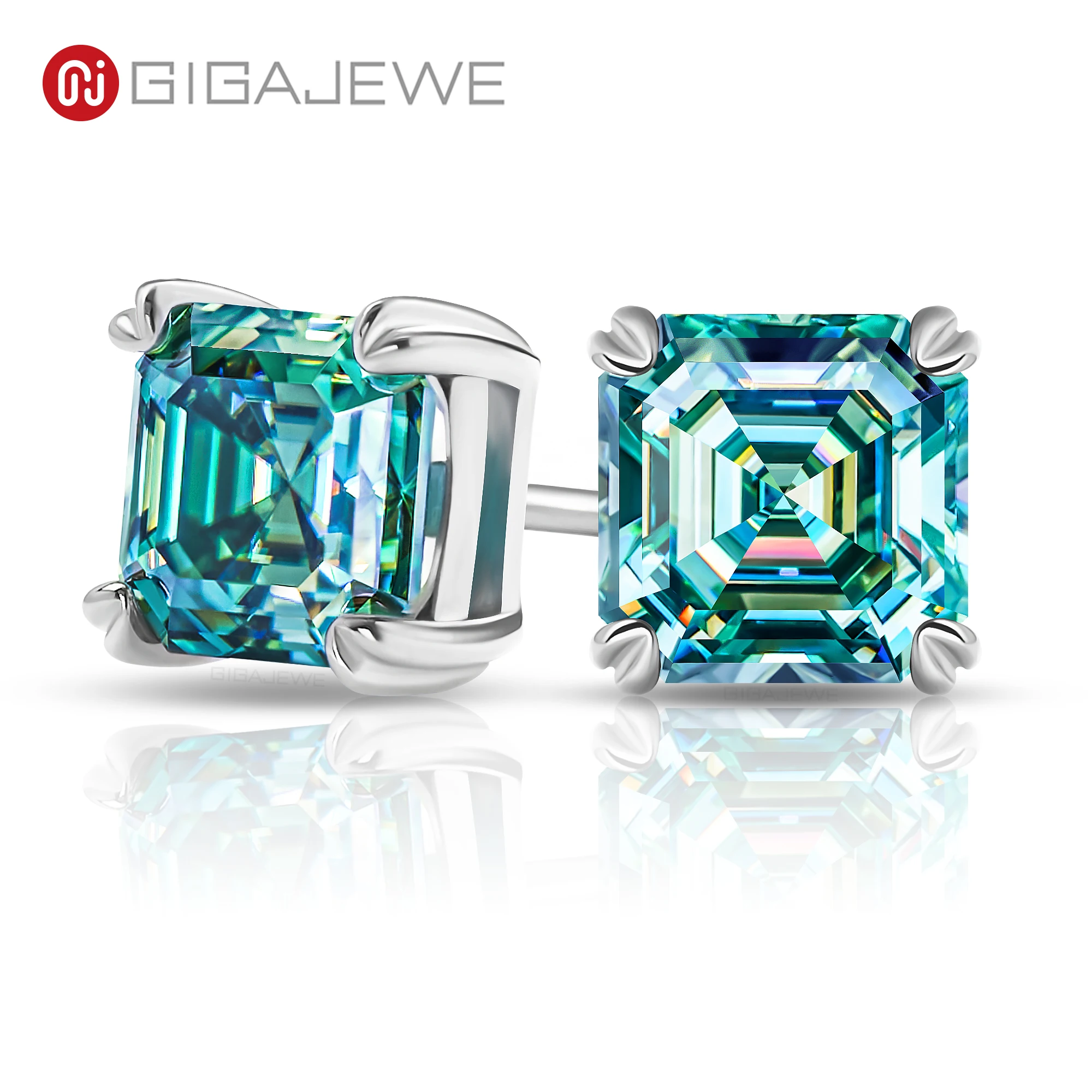 GIGAJEWE 7mm 2.0ct Asscher Cut Blue Green Cyan white Color Moissanite 925 Sterling Silver earings for women gift
