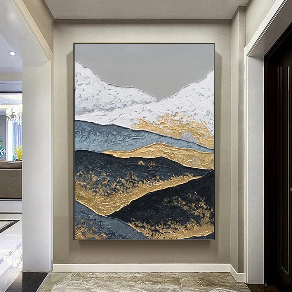 Oil Hand Painted Picture Black and White Artwork Obsidian Mountain  Snow  abstract canvas oil painting  gold for profesional