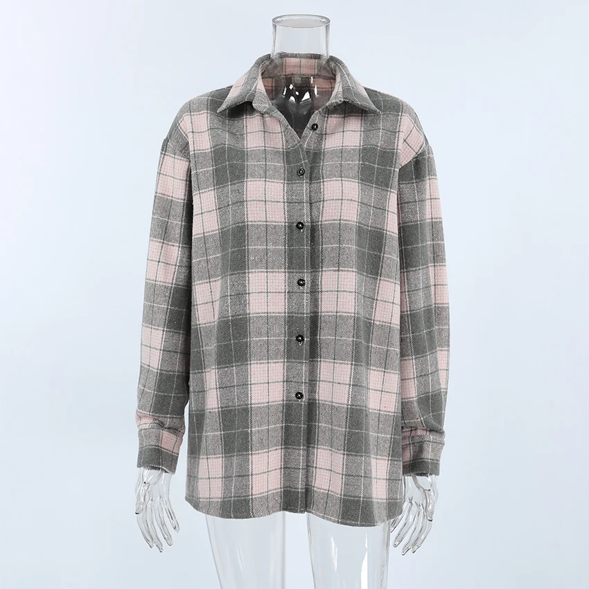 OOTN Drop Shoulder Women Lapel Shirts Casual Street Style Top Spring 2024 Female Long Sleeve Button Plaid Blouses