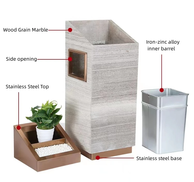 Hotel lobby trash can with ashtray marble stainless steel high-grade trash can