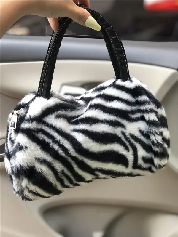 American Popular Fur Design Women Handbag Match Shoes Set Zebra Pattern Bags Purse With Slippers