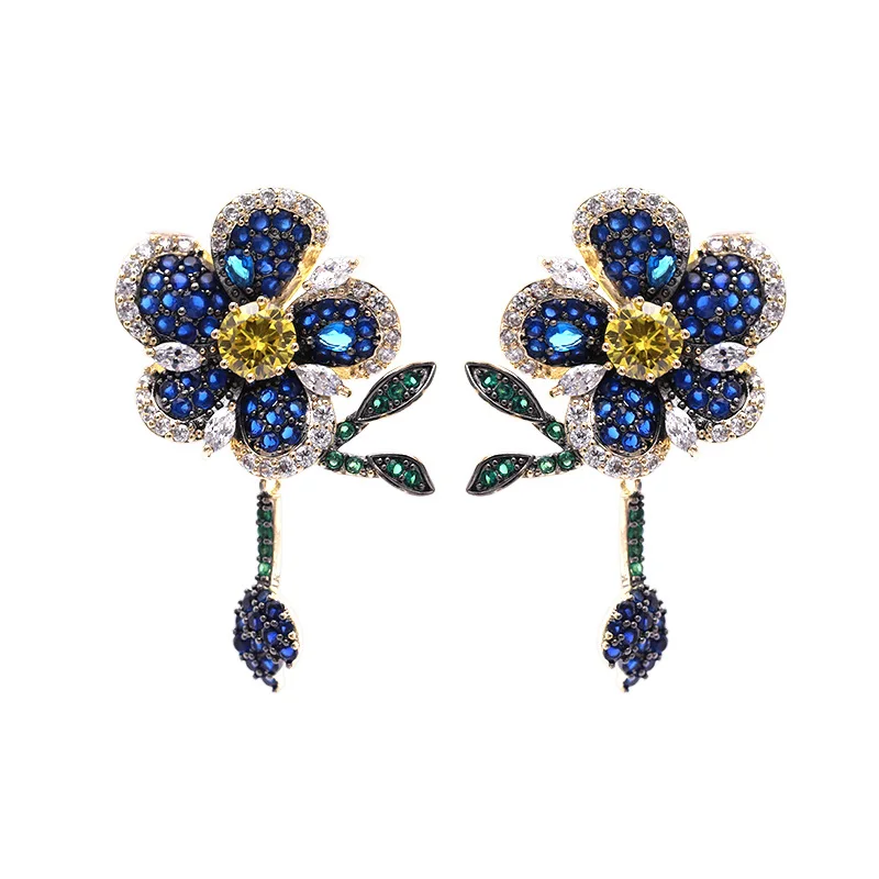 Heavy industry micro-inlaid colorful zircon earrings smart leaf earrings 925 silver needle three-dimensional flower earrings