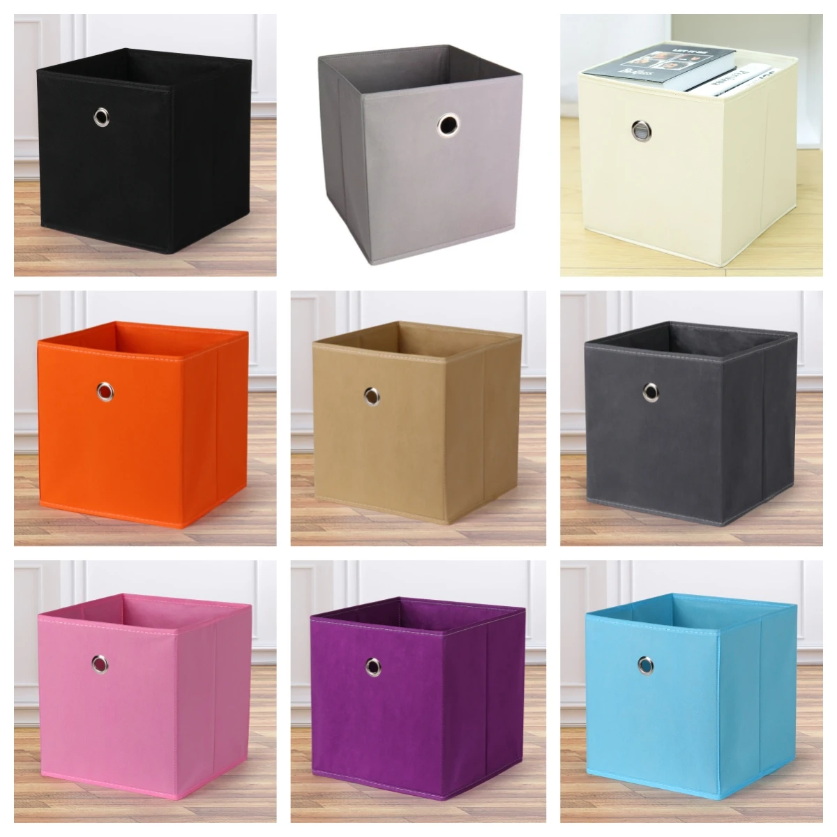 Foldable Non woven Fabric Storage Box Cubes Collapsible Cloth Baskets Open Storage Bins for Home Tidy  With Round Handles