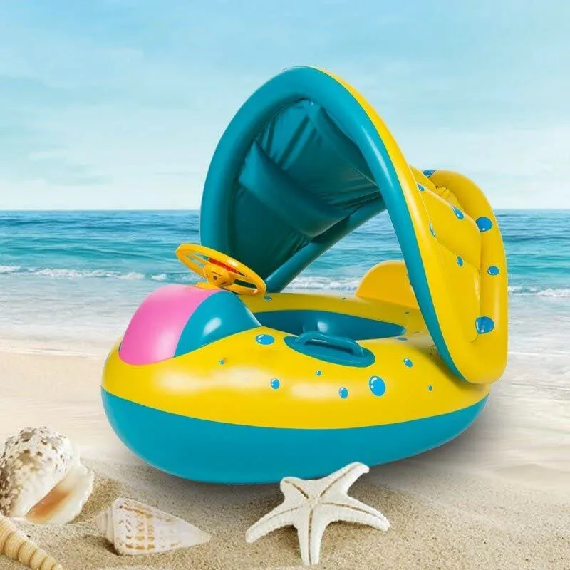 Baby Inflatable Swimming Float Ring PVC Lying Water Seat Boat Sunshade Pool Mattress with Canopy Kid Gift for Kids