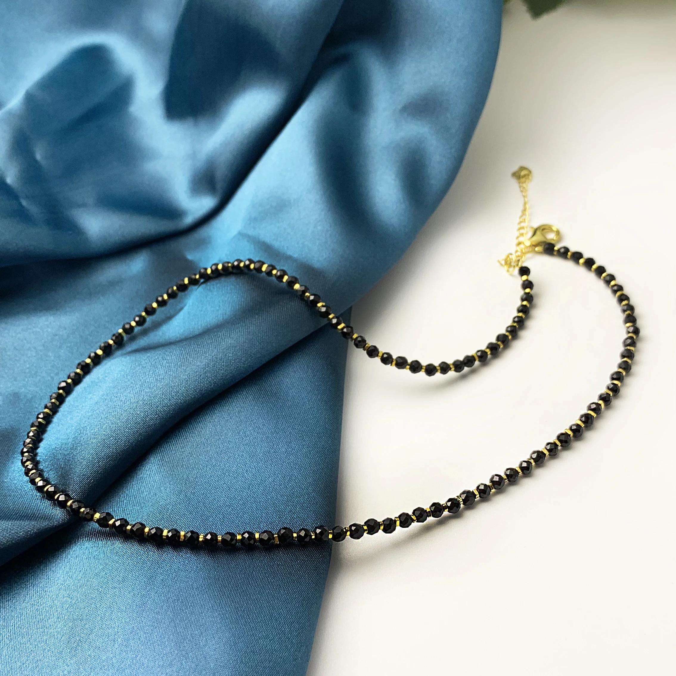 Gemstone jewelry black spinel faceted beads gold plated 925 sterling silver crystal beaded necklace