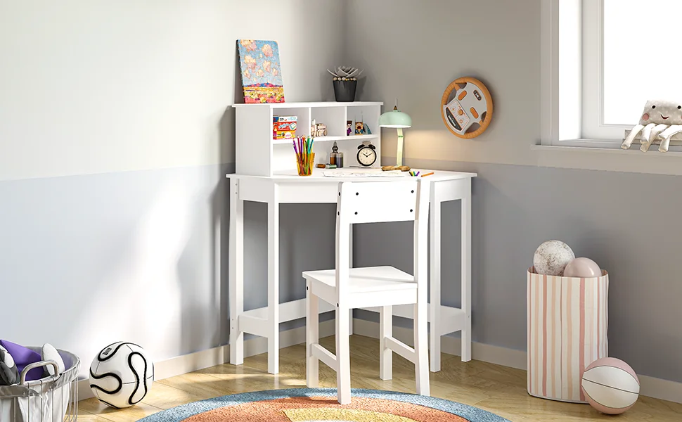 Corner Writing Desk Wooden Study Desk Chair for Children with Storage and Hutch