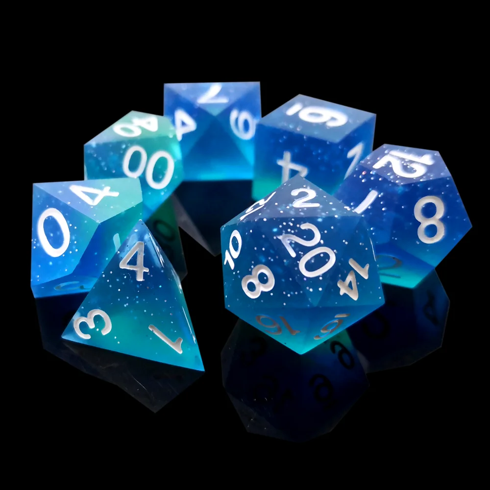 Super Sharp Gamer Dice Set of 7 D4 D6 D8 D10 D12 D20 Handmade Starry Sky Blade Games Metal Dice Resin Polyhedral Backgammon Dice