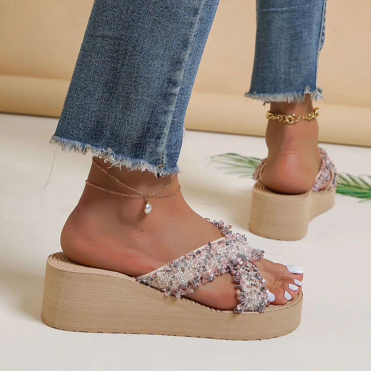 National style cross-border foreign trade fashion imitation hemp rope slippers female summer wear high heels