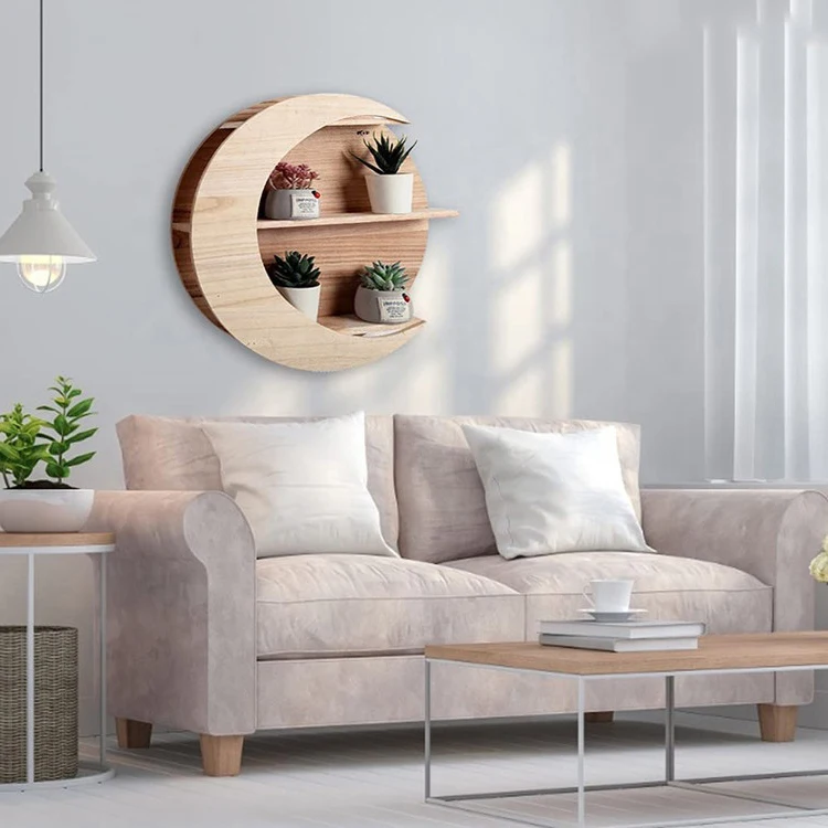 Living Room Storage Shelf Moon Shape Wall Mounted Wall Art Home Decor Wood  Moon Shelf