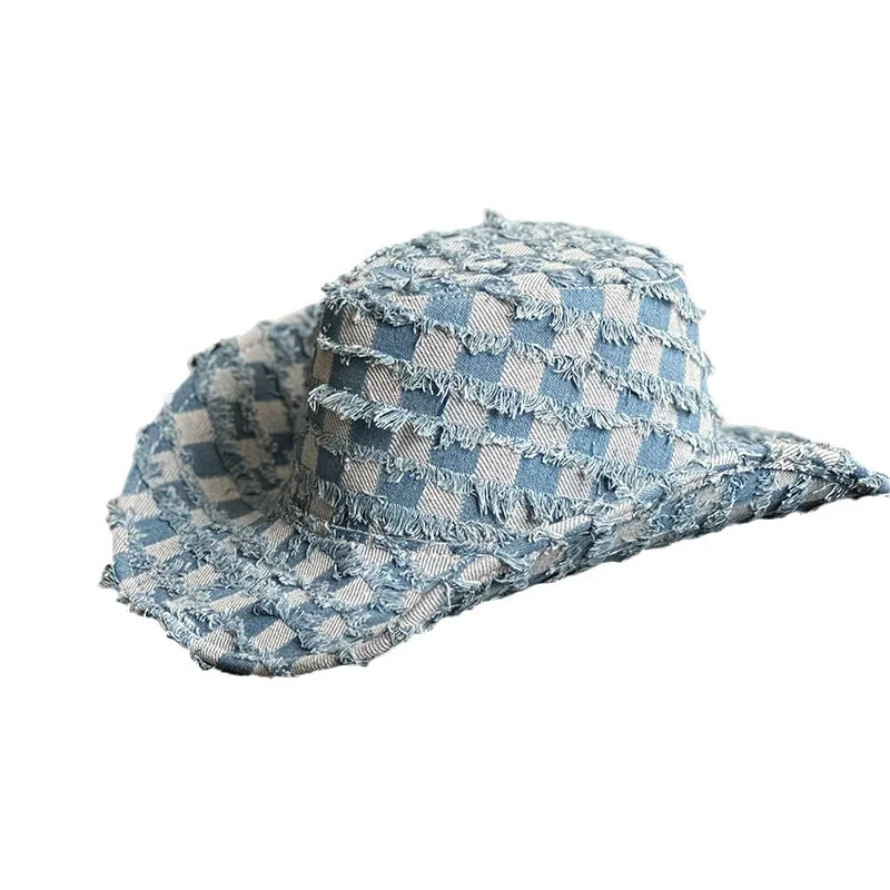 Unisex Retro American Blue Western Cowboy Hat with Sun Protection Brim Summer Travel Shade for Adults Outdoor Sports Scene