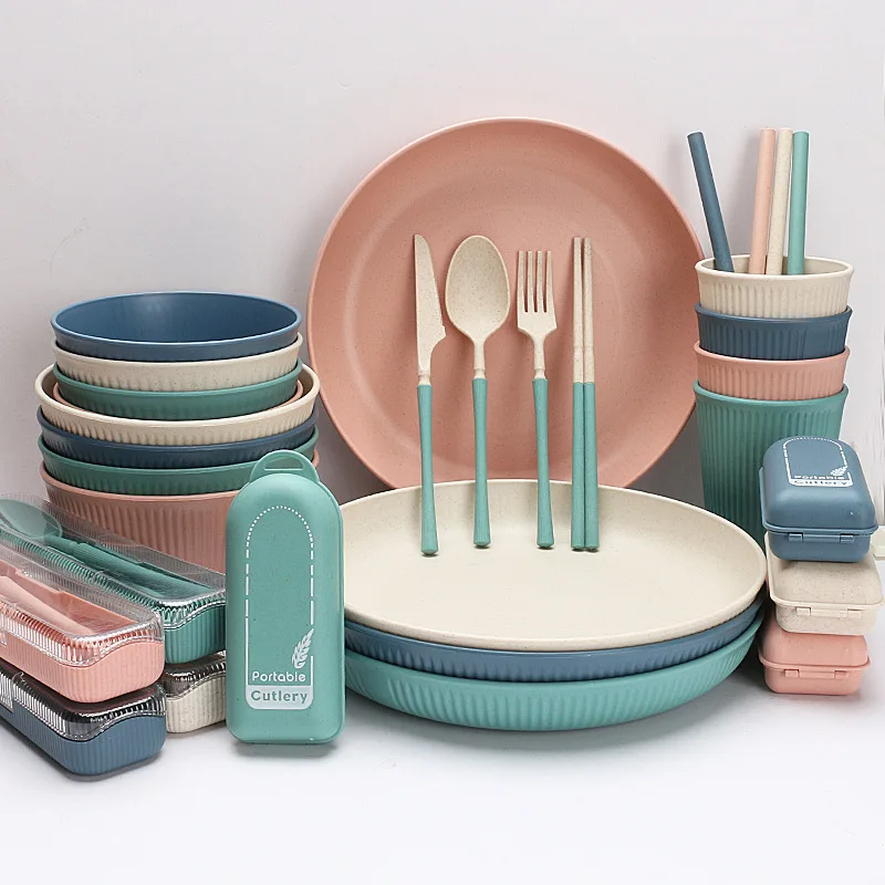 Factory Wholesale Multicolorful Wheat Straw Dinner Tableware Portable Utensil Set For Kitchen Tools