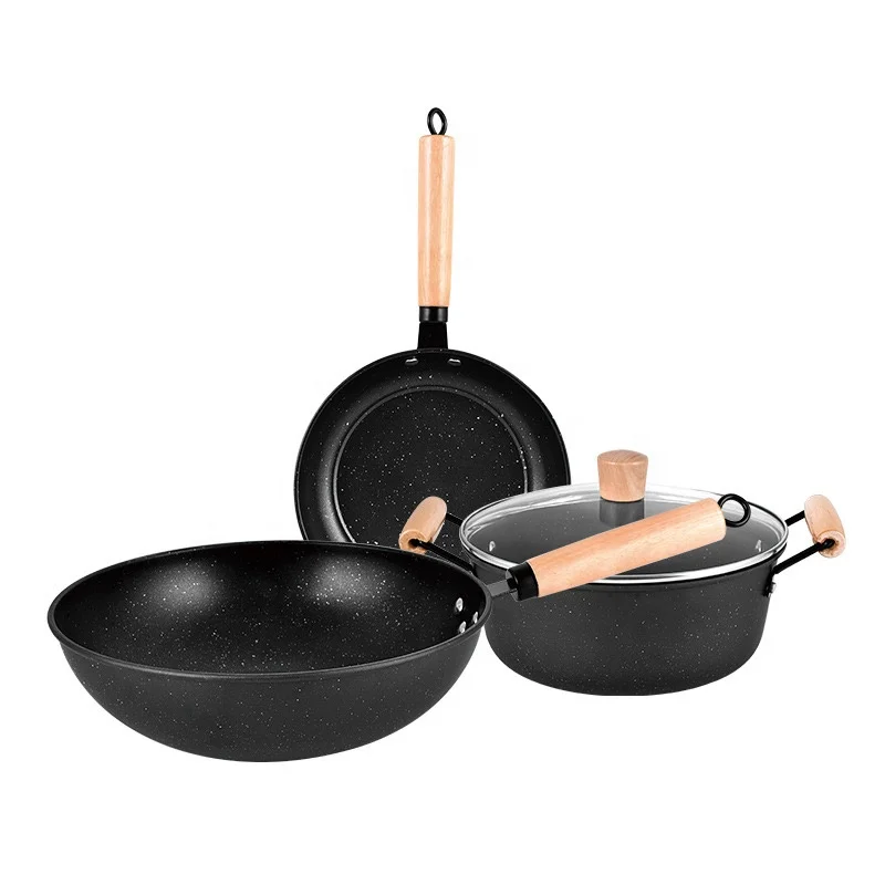 Set of 3 Non-Stick Cookware set, Natural Maifan stone coating Kitchenware Set with Tempered Glass Lid and Wood Handle
