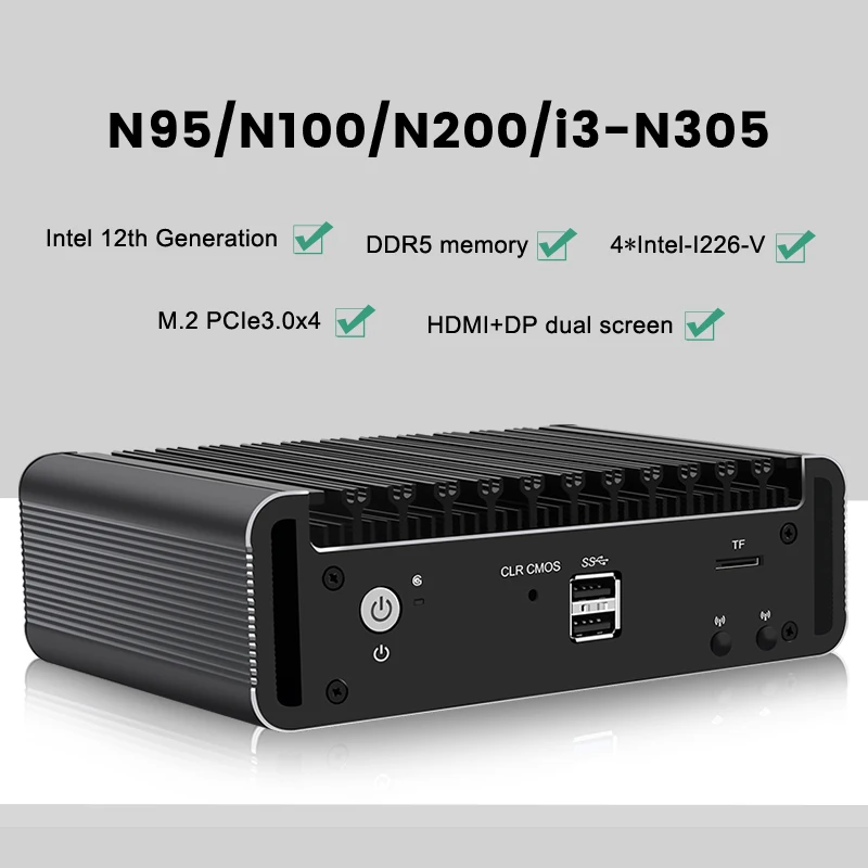 12th Gen In-tel Firewall Mini PC Alder Lake i3 N305 8 Core N200 N100 DDR5 4800MHz 4xi226-V Proxmox Host 2.5G Fanless Soft Router